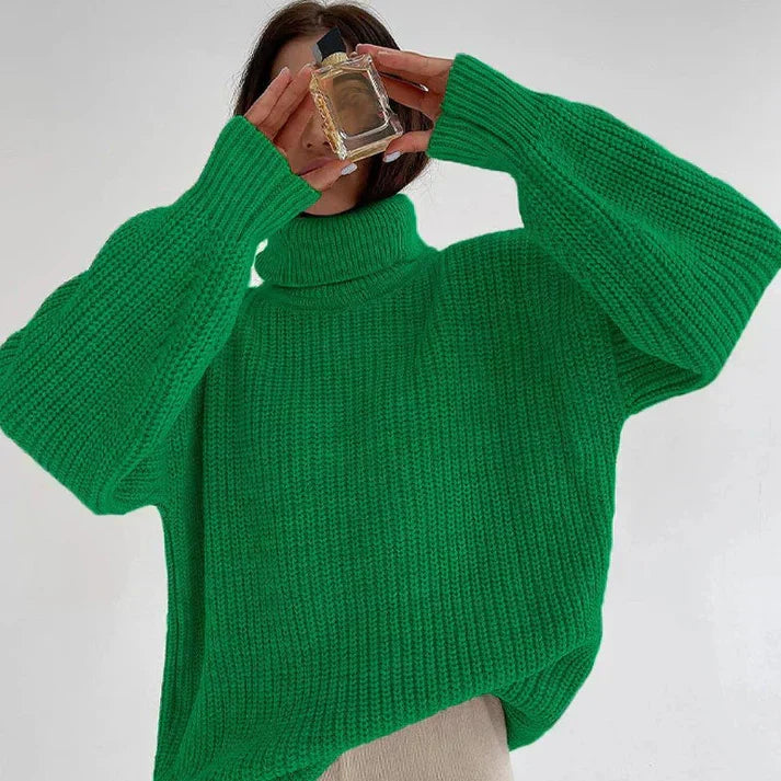 Ella Damtröja med Polokrage – Oversized Stickad Tröja i Klargön med Mjuk Textur
