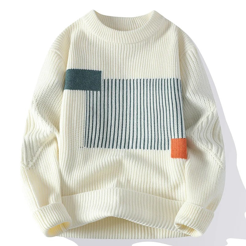 Noah Herrtröja – Minimalistisk Stickad Tröja med Grafiskt Mönster i Krämvitt